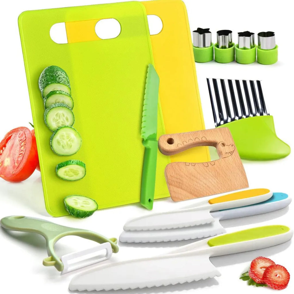 Kids Safe Plastic Kitchen Knives Cutting Board Apron Chef Hat Real Com –  BudgetnBuy