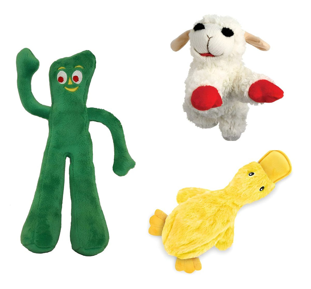 Multi Pet Plush Dog Toys Combo No Stuffing Duck, Lamb chop and Gumby