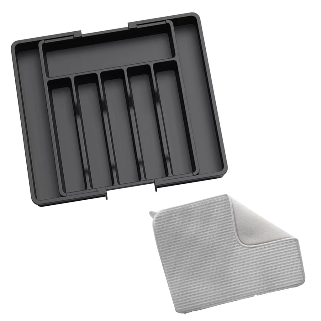 Expandable Kitchen Drawer Utensil Cutlery Organizer with Dish Drying Mat