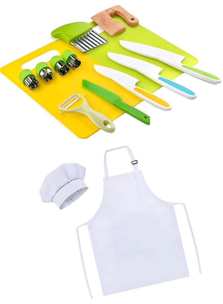 Kids Safe Plastic Kitchen Knives Cutting Board Apron Chef Hat Real Combo