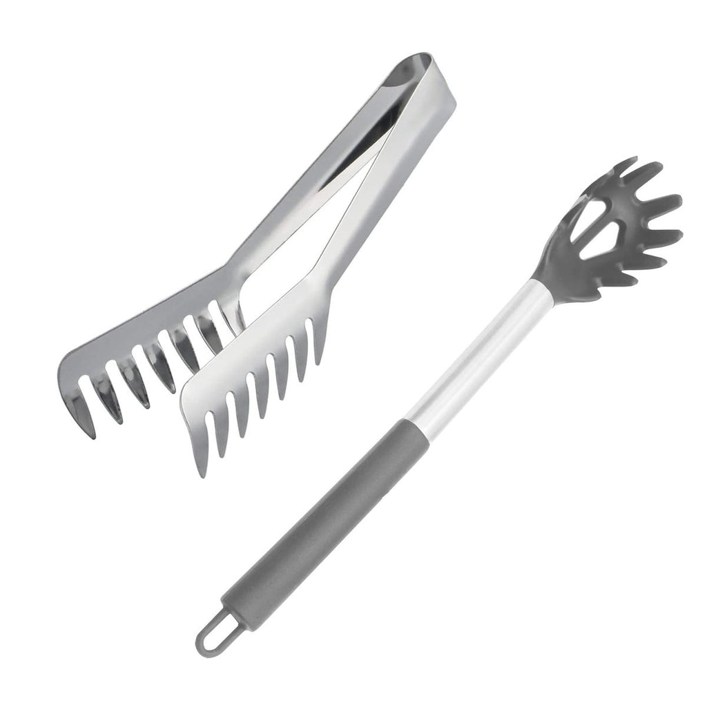 2 Piece Pasta Fork (Silicone) & Tong (Stainless Steel) Spaghetti Servers Set